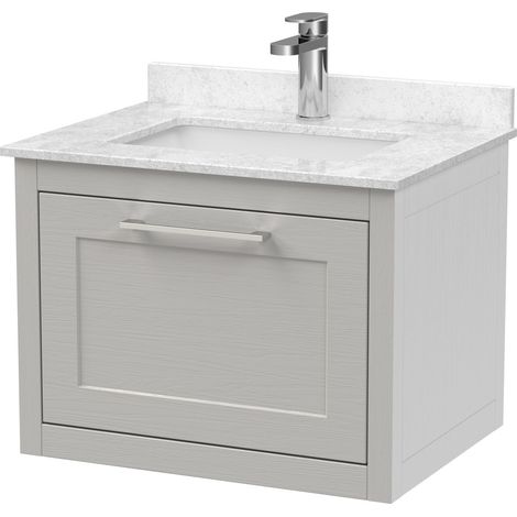 Blithbury Traditional Bathroom Wall Hung 1 Drawer Vanity Unit and 1 Tap Hole Marble Top Basin, 600mm, Woodgrain Grey (1/2)