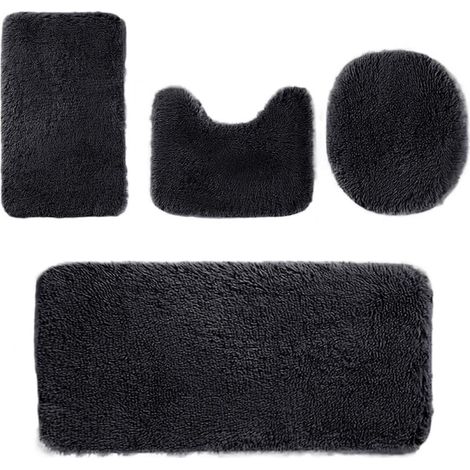 4-teiliges Badezimmerteppich-Set, Fokelyi, schwarz, Mikrofaser-Material, rutschfest, waschbar, verschiedene Größen. (1/5)
