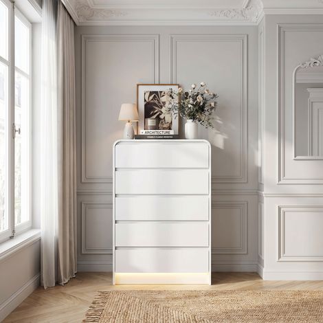 Commode chambre 5 tiroirs, chiffonnier avec LED, style minimaliste moderne, Blanc (1/5)