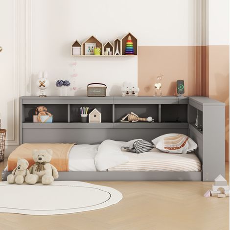 Sofá cama de aglomerado y MDF gris 90x200 cm con estantes laterales, enchufe, 2 USB y somier de láminas (1/5)