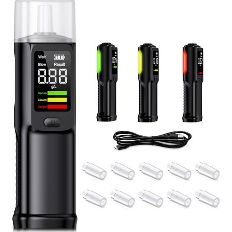 Ethylotest Electronique Alcootest Ethylometre Etiloteste Rechargeable Éthylomètre avec Affichage Numérique LCD Portable Testeur d'alcool 10 Embouchures Noir (1/5)