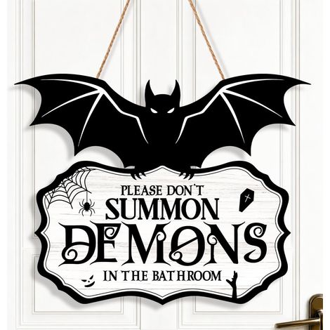 Décoration d'Halloween amusante pour la salle de bain – Panneau en bois effrayant avec l'inscription « Please don't summon demons » (Merci de ne pas invoquer de démons). (1/5)