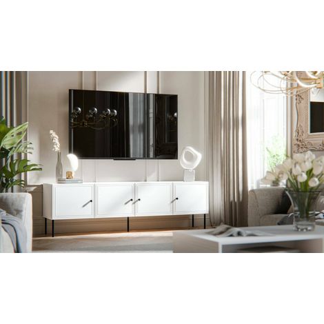 Mueble de TV Piode, aparador de salón con cuatro puertas batientes, elevado del suelo, 201x40 h60 cm, blanco (1/4)