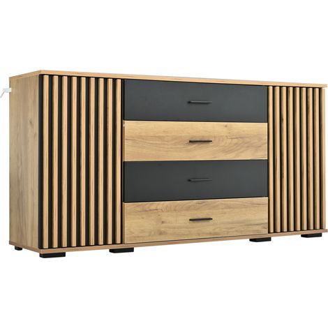 Aparador 140x35x70 cm de MDF con 4 cajones y 2 puertas, efecto acanalado, negro y madera (1/5)