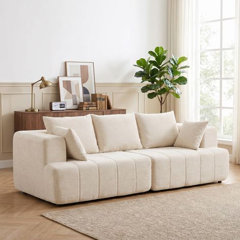 Canapé 3 places chenille 248 cm salon moderne assise large rembourrée coussins ressorts beige. Grand canapé chenille pour votre salon, spacieux et élégant. (1/5)
