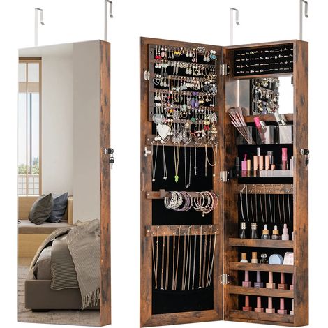 COSTWAY 110cm Jewelry Mirror Cabinet Wall/Door Mounted Jewelry Organizer-Coffee (1/5)