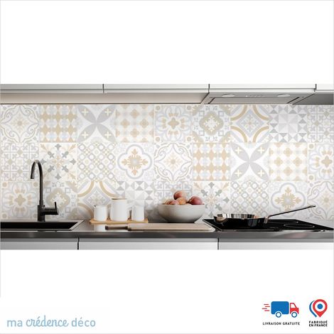 Crédence : Carreaux ciment colorés - Couleur Beige ivoire - Alu composite - 120 - 60 (1/3)