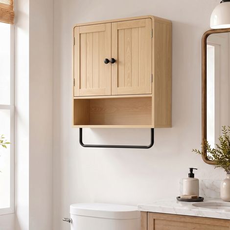 Armoire murale de salle de bain, meuble de rangement suspendu avec 2 portes, étagère ouverte, porte-serviettes, chêne (1/5)