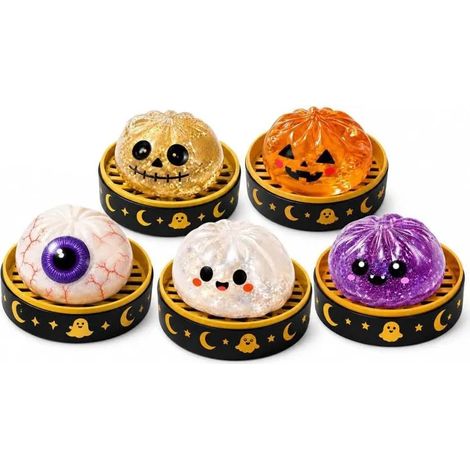 5PCS Halloween Bao Spooky Squeeze Toys Set With Steamer, Creepy Cute Bun Stress Balls Sensory Fidget Squishies Stress Relief Toys (1/5)