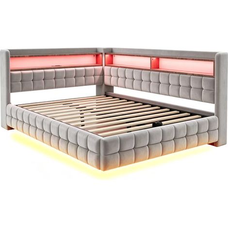 Letto contenitore imbottito 140 x 200 cm in velluto grigio chiaro, LED, USB-C, MODENUIT (1/5)