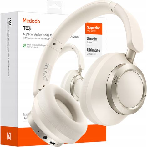 Cuffie wireless on-ear Bluetooth MCDODO con microfono e cancellazione attiva del rumore, colore beige. (1/5)
