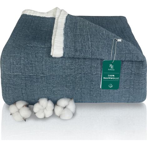 Plaid 100 % coton 4 couches - En mousseline douce - Couvre-lit d'été - Couverture de canapé - Pour toute la saison - Bleu paon - 130 x 150 cm (1/5)