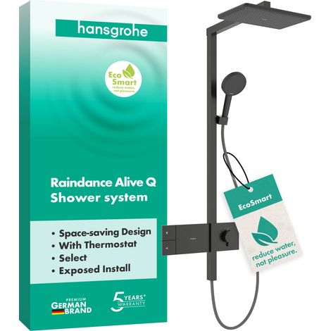 Hansgrohe Raindance Alive Q - Conjunto de ducha con termostato, 21x34 cm, 3 chorros, EcoSmart, cromo negro cepillado 24581340 (1/3)