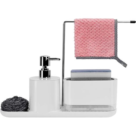 5 en 1 Distributeur Liquide Vaisselle Cuisine Organisateur d'évier de Cuisine Blanc Porte-éponge de Qualité Distributeur Savon Liquide Mains Porte Chiffon 500ml (1/5)