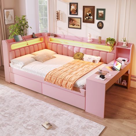 Lit banquette rembourré 140x200 cm avec bureau intégré, 2 tiroirs de rangement, LED 7 couleurs, ports USB, sommier à lattes et cadre en bois, rose (1/5)