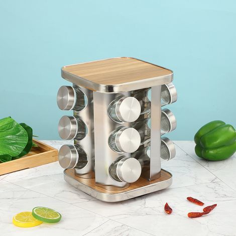 Étagère à épices Rotative à 360°, Etagère à épice de Cuisine rotative en Acier Inoxydable 430 de qualité Alimentaire, Pot à épices en Verre, (Grain de Bois latéral carré et Rond, 12 Bouteilles) (1/5)