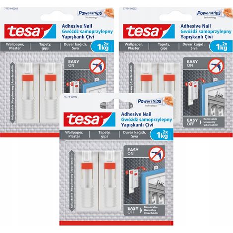 Ganci autoadesivi regolabili TESA fino a 1 kg per carta da parati e intonaco, 2 pezzi x 3 (1/4)