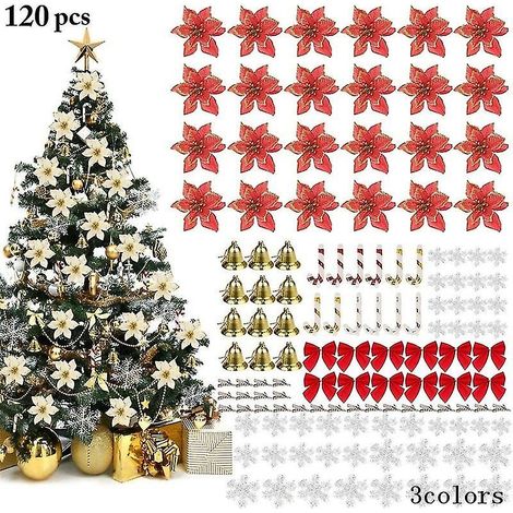 Décorations de sapin de Noël pailletées, fleurs artificielles, boules de Noël suspendues, flocons de neige, sucre d'orge (1/4)