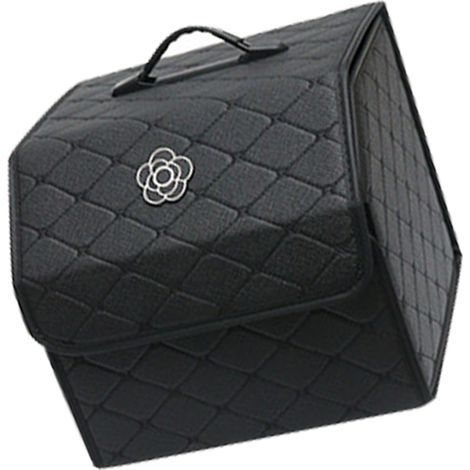 Coffre de Voiture Organisateur Grande Capacité Multifonction Portable Boîte de Rangement en Cuir PU avec Couvercle Noir - Petite Taille (1/5)