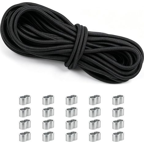 Corde Elastique 8mm, 10m Sandow pour Bache, Tendeur Elastique avec 20 Manchons Aluminium, Corde en Caoutchouc pour Bâche Remorque, Cordon élastique pour Tendeur Bâche, Camping, Jardin, Noir (1/5)