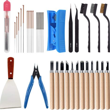35 Pièces Kit D'accessoires D'imprimante 3D, 7 Taille Nettoyage Aiguilles, Pince à épiler, Pinces, Grattoir, Nettoyer les Couteaux pour Retrait, Cettoyage, Finition du Modèle D'impression 3D (1/5)