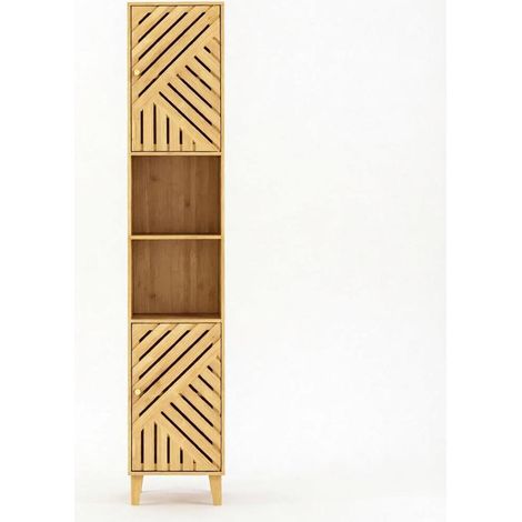 CHICFURN Colonne de salle de bain étroite en bambou et panneau de particules, meuble de rangement haut avec étagères ouvertes, placards et tablettes réglables (1/5)