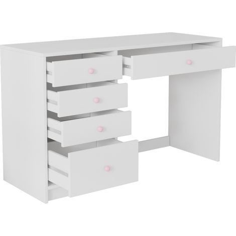 Scrivania bianca con 5 cassetti, maniglie in ceramica rosa, 120 x 45 x 74 cm, HOMVRA (1/5)