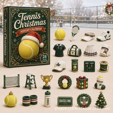 Calendrier de l'Avent sportif 2026, décorations suspendues en acrylique de 24 jours, thème sportif créatif pour les fans Chapeau de Noël Tennis-WOODTOR (1/2)