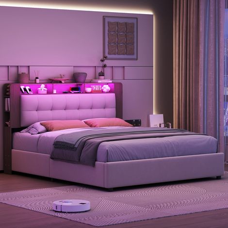 Lit double 160x200cm – velours beige – Tête de lit avec étagères – Port USB – Éclairage LED – Sommier à lattes (1/5)