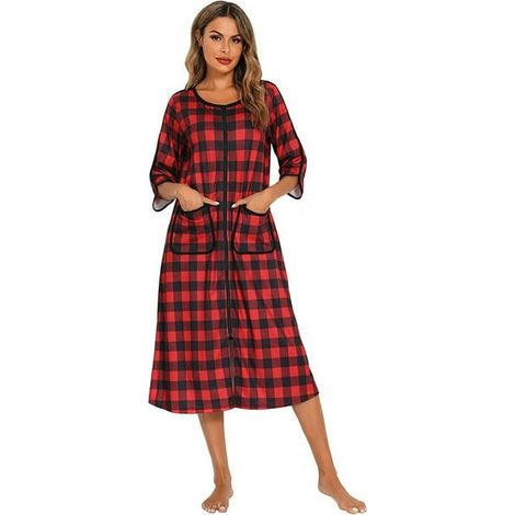 Peignoir femme à zip devant, robe de chambre manches courtes, nuisette longue lounge avec poches, confortable maison (1/5)