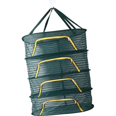 Séchoir à herbes à 4 niveaux avec fermeture éclair en forme de U, vert foncé, pliable, en maille fine et très élastique, idéal pour les herbes, les plantes et les graines. (1/5)