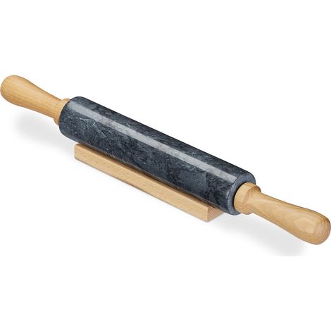 Relaxdays Marble Rolling Pin, Wooden Handles, Roller for Cooking and Baking, with Stand, Heavy, Black
