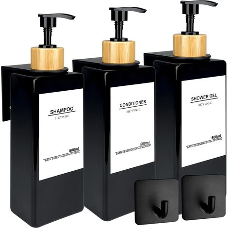 3 Pièces Distributeur Savon Mural sans Percage, Distributeur de Savon Mural avec 32 Étiquettes Imperméables, 500ml Distributeur Gel Douche Mural, Distributeur Savon Salle de Bain, Noir Bambou'Flacon N