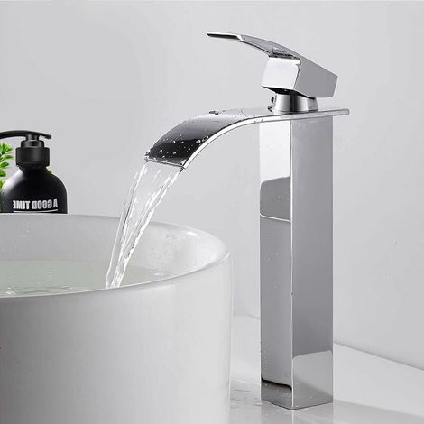 Grande rubinetto per bagno a cascata, miscelatore monocomando cromato argento, rubinetto per lavabo in acciaio inossidabile SUS304, resistente, antiossidante, design elegante (1/4)