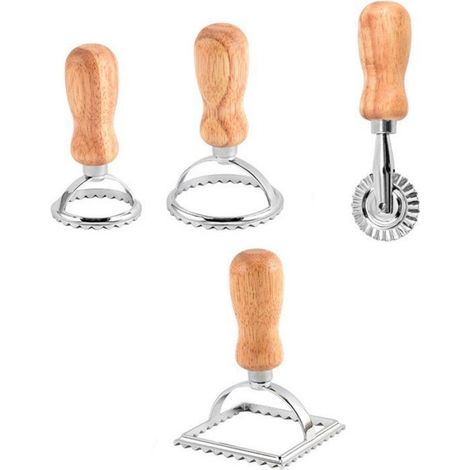 Coupe-Ravioles - Emporte-Pièces Ravioli Bois + Roulette Pâte - Pour Pâtes Fraîches Raviolis Biscuits - Lot de 4 (1/5)