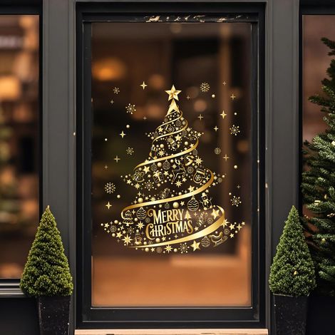 autocollant de Noël pour fenêtre à double vitrage. Autocollant électrostatique représentant un sapin de Noël doré et des flocons de neige, idéal pour décorer vos fenêtres pendant les fêtes. (1/5)