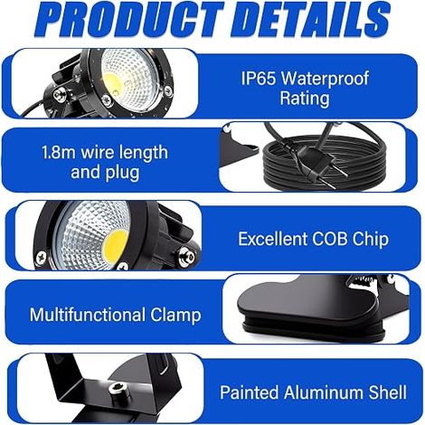Lot de 2 spots LED à pince - Diamètre : 75 mm - Spot LED COB avec pince - Spot LED à pince pour éclairage intérieur et extérieur - Prise de 1,8 m avec interrupteur - Blanc chaud (1/3)