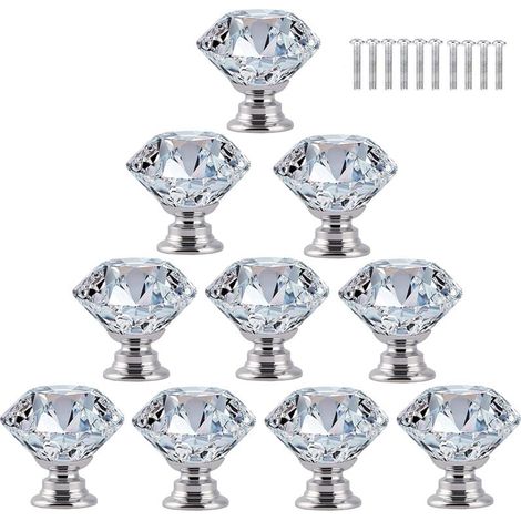 10 pcs Poignée Bouton de Porte Placard Meuble Tiroir Armoire, 30mm Diamant de Verre Cristal avec Vis - Transparent (1/5)
