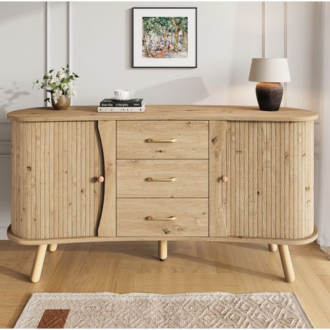 Sideboard MDF Natur 150 x 36,5 x 75 cm mit 2 Schiebetüren, 3 Schubladen und verstellbaren Einlegeböden (1/5)