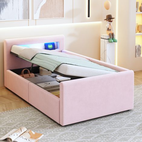 Letto imbottito bambini 90x200 cm rosa, velluto con LED, USB e vano contenitore (1/5)