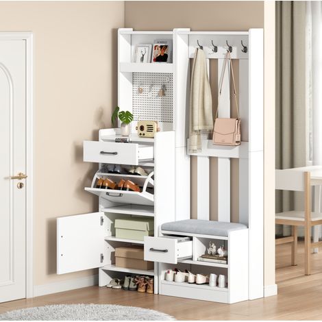 Mobile ingresso 110x35x175,5 cm in legno bianco con contenitore salvaspazio FloraGrace (1/5)