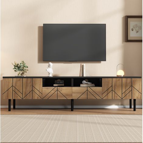 TV-Schrank 180x40x45 cm Schwarz/Natur aus Spanplatte mit 2 Schubladen, 2 Türen und erhöhten Metallbeinen (1/5)