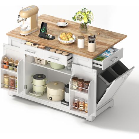 Kücheninsel rollbar mit Klappplatte Steckdosen Müllschrank, Weiß/Holzoptik, 138 cm (1/5)