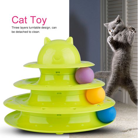 Jouet pour chat à plateau tournant à trois niveaux, en plastique détachable et antidérapant, avec un joli dessin animé (vert) (1/5)