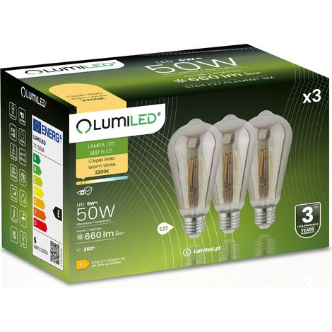 Set mit 3 LED-Lampen EDISON E27 ST64 6W = 50W 420lm 2200K warmweiß 360° Glühfaden LUMILED Smokey