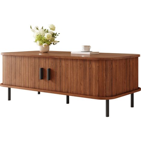 Mesa de centro rectangular con puertas correderas y espacio de almacenamiento, diseño moderno con listones verticales, mesa auxiliar para salón. (1/5)