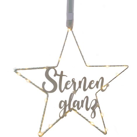 Beleuchteter Stern Aufhänger mit Schriftzug "Sternenglanz" in silber mit Timer Funktion - 40 cm