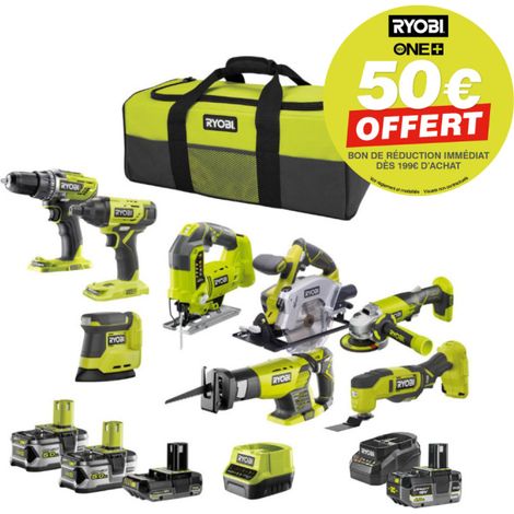 Pack de 8 outils électroportatifs 18V – 4 batteries 2 x 5,0Ah, 1 x 4,0Ah, 1 x 2,0Ah – 2 chargeurs – Compatible avec tous les outils Ryobi (1/5)