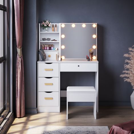 ELEGANT Modern Sliding Mirror Dressing Table 5 Drawers Bedroom White Makeup Desk Vanity Set with Stool and LED Mirror Lights