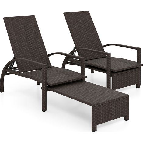 Lot de 2 bains de soleil en résine tressée PE avec dossier réglable 6 positions et repose-pieds extensible pour jardin terrasse et (1/5)